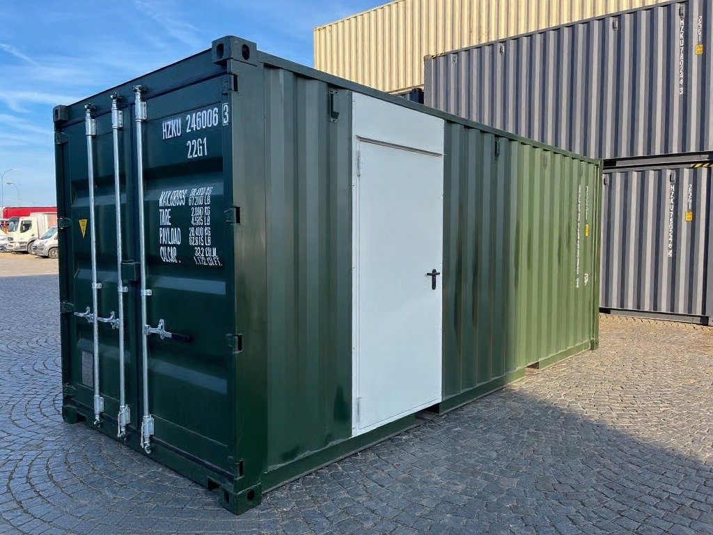 20 fods grøn container med stålpersondør latérale