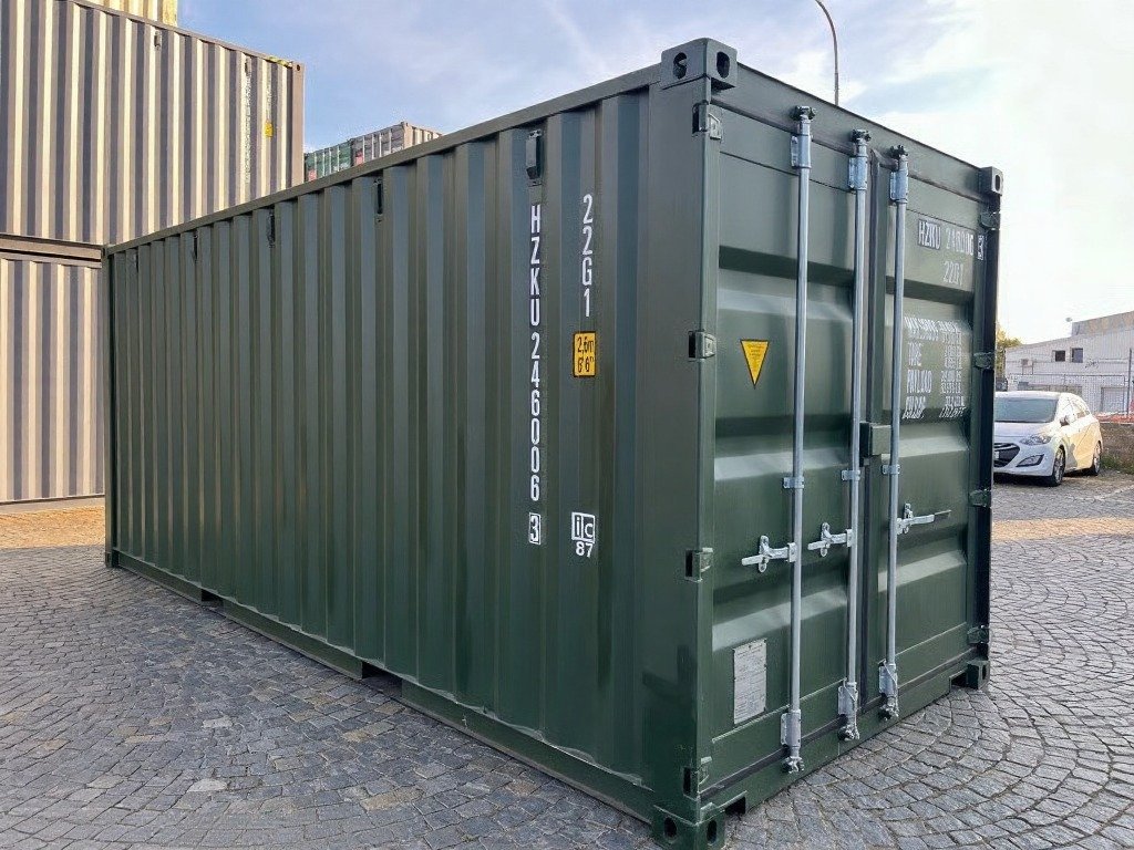 20 fods grøn container side vinkel