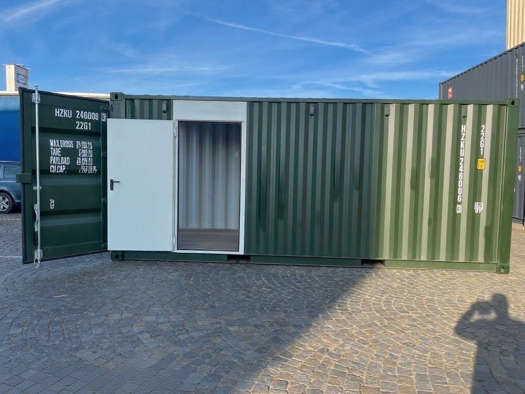 20 fods grøn container persondør åben side